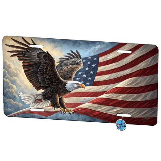Eagle Flying In Front Of American Flag USA United States Patriotic Metal Vanity Novelty Tag License Plate for Trucks Cars SUVs