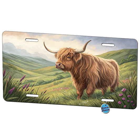 Highland Cow In Rolling Green Meadow Metal Vanity Novelty Tag License Plate for Trucks Cars SUVs
