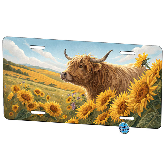 Highland Cow Surrounded By Sunflowers Metal Vanity Novelty Tag License Plate for Trucks Cars SUVs