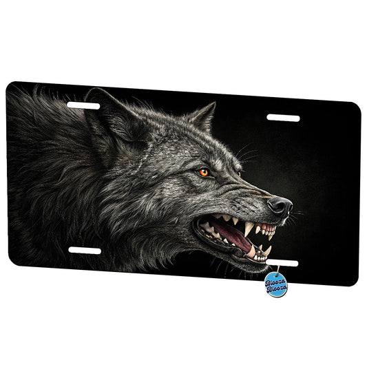Menacing Wolf Head On Black Background Metal Vanity Novelty Tag License Plate for Trucks Cars SUVs