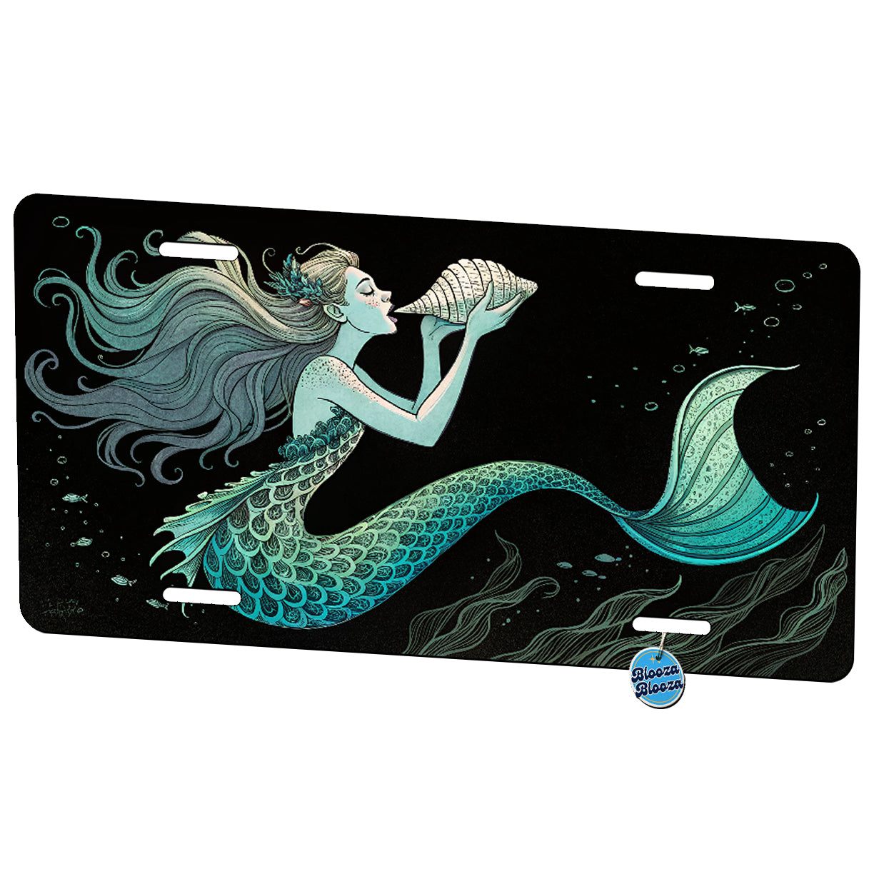 Mermaid Conch Shell Black Background Metal Vanity Novelty Tag License Plate for Trucks Cars SUVs