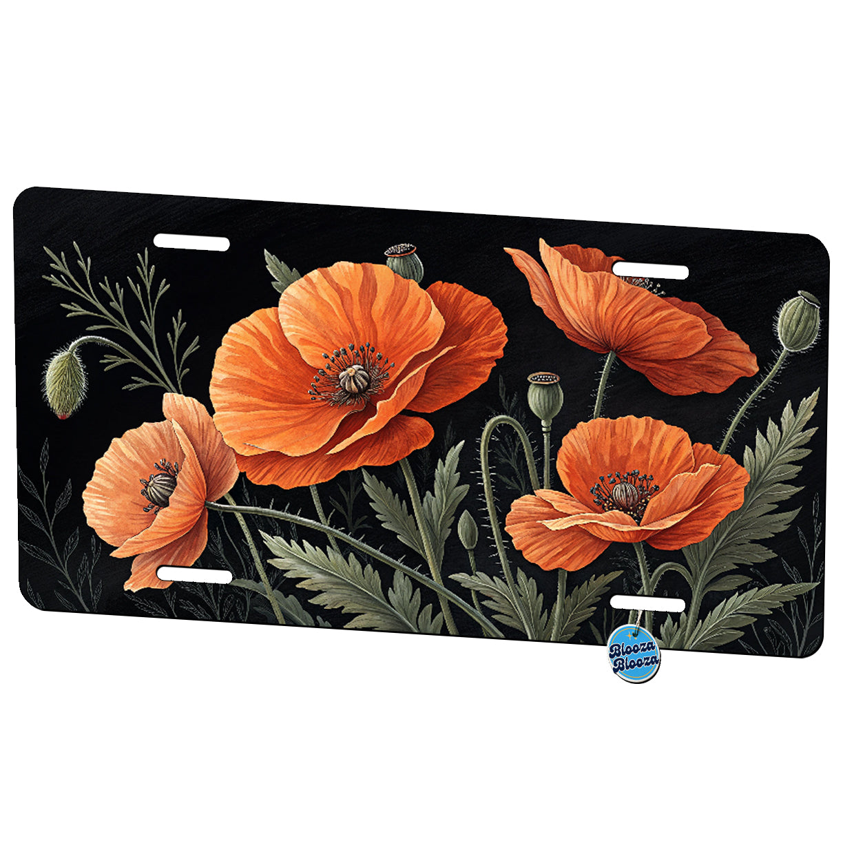 Orange Poppies Black Background Metal Vanity Novelty Tag License Plate for Trucks Cars SUVs