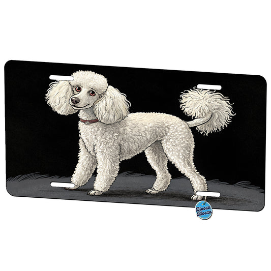 Poodle White On Black Background Metal Vanity Novelty Tag License Plate for Trucks Cars SUVs