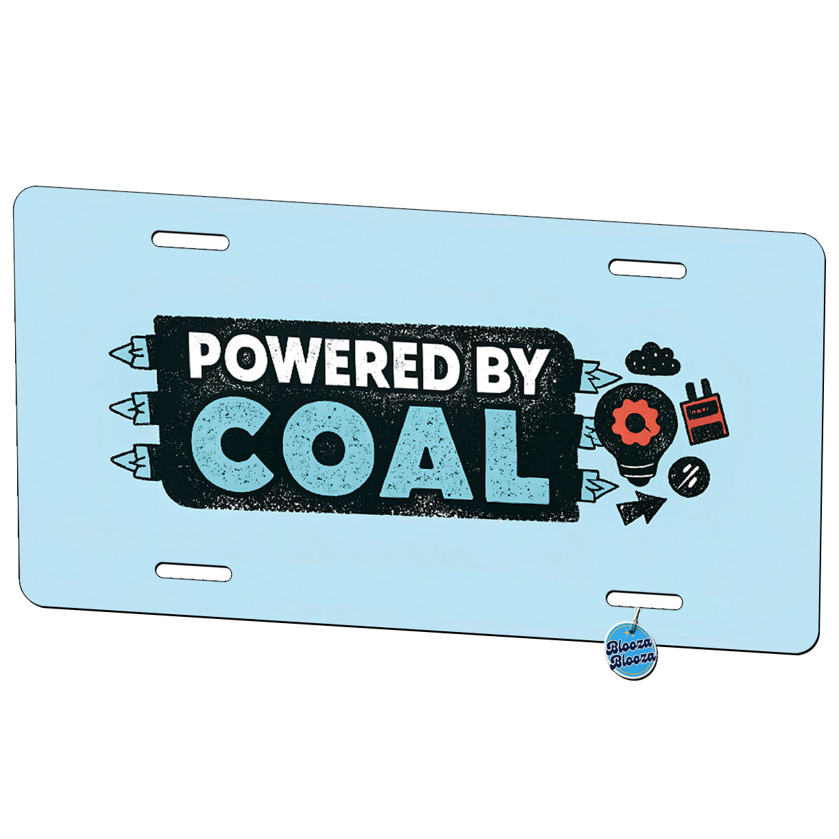 Powered By Coal Blue Background Metal Vanity Novelty Tag License Plate for Trucks Cars SUVs