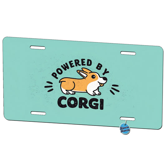 Powered By Corgi Dog Blue Background Metal Vanity Novelty Tag License Plate for Trucks Cars SUVs