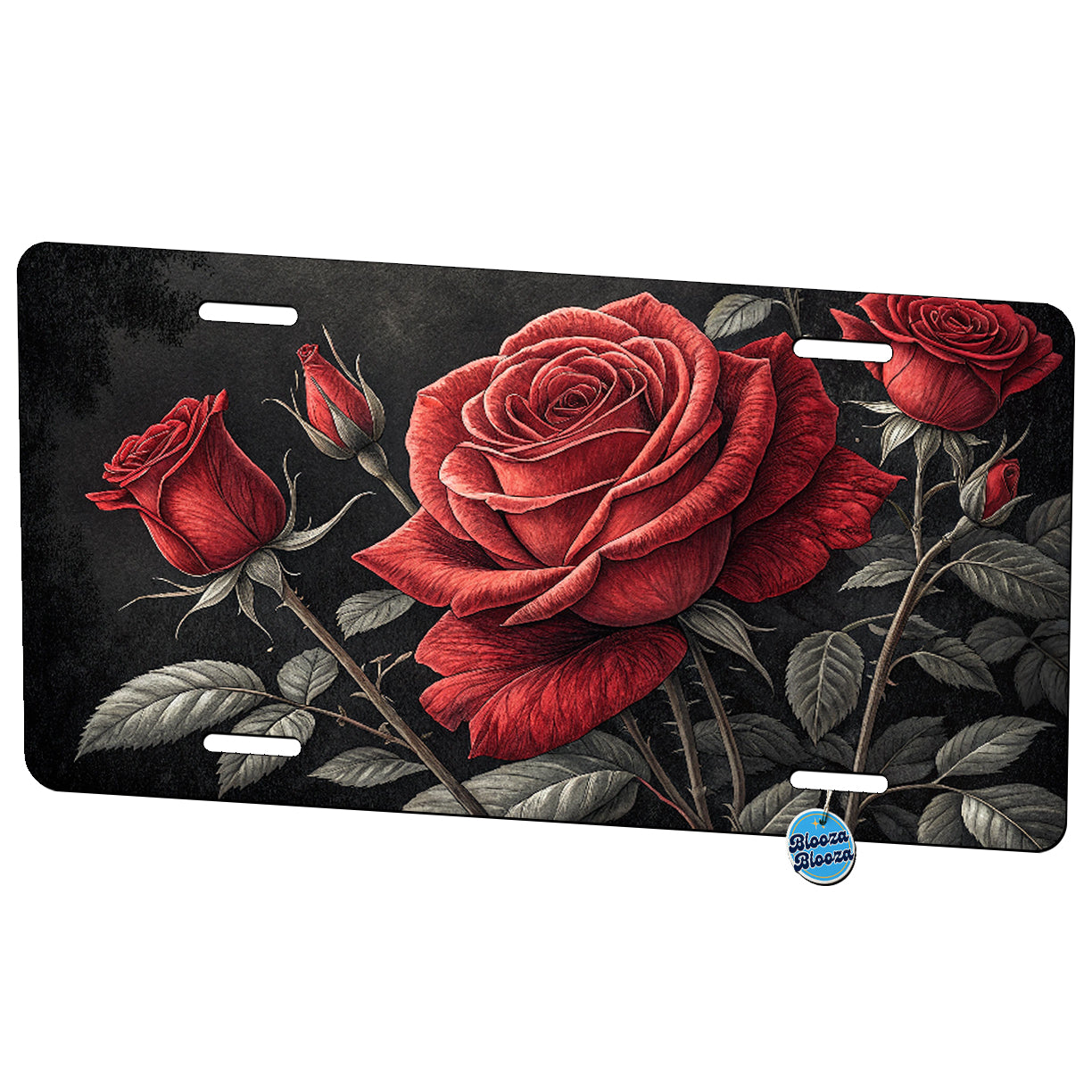 Red Roses On Black Background Metal Vanity Novelty Tag License Plate for Trucks Cars SUVs