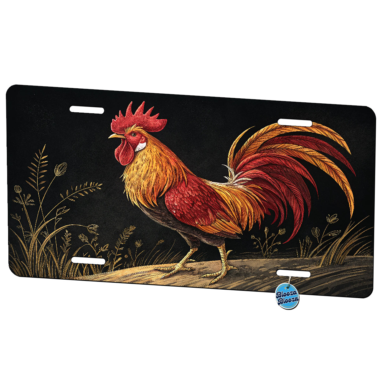 Rooster On Black Background Metal Vanity Novelty Tag License Plate for Trucks Cars SUVs