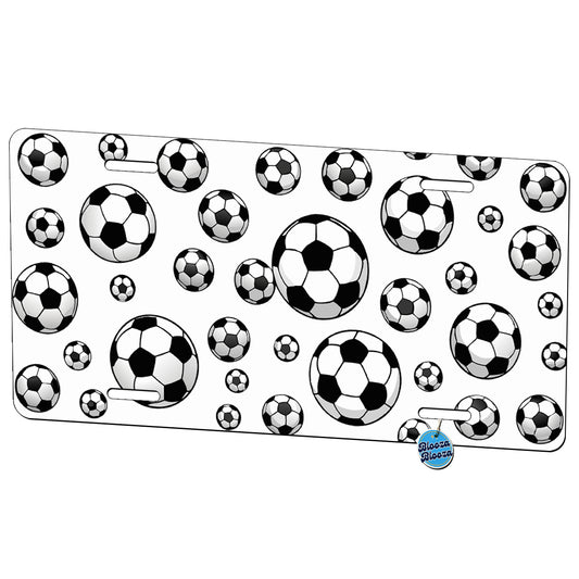 Scattered Soccer Balls Pattern Black And White Metal Vanity Novelty Tag License Plate for Trucks Cars SUVs