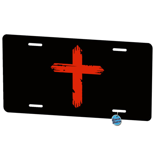 Simple Distressed Red Cross On Black Background Metal Vanity Novelty Tag License Plate for Trucks Cars SUVs