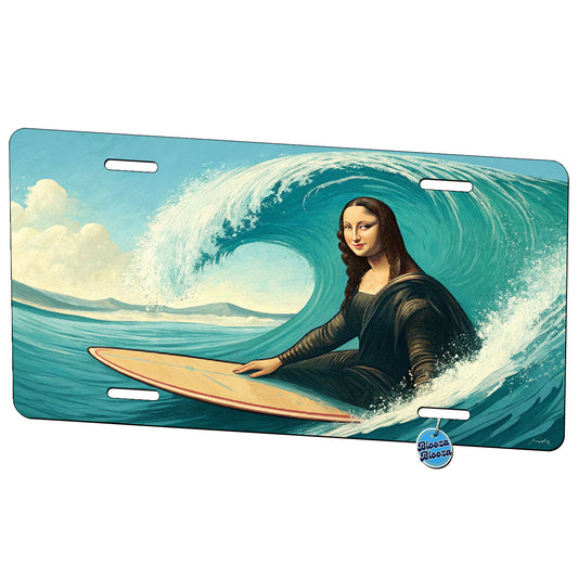 Surfing Mona Lisa Funny Metal Vanity Novelty Tag License Plate for Trucks Cars SUVs