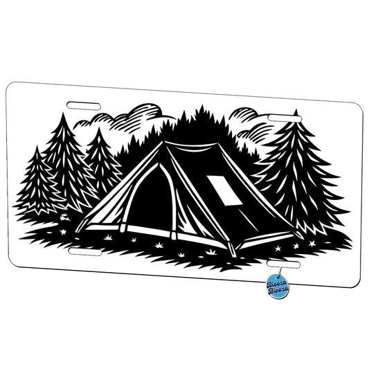 Camping Tent Black White Metal Vanity Novelty Tag License Plate for Trucks Cars SUVs