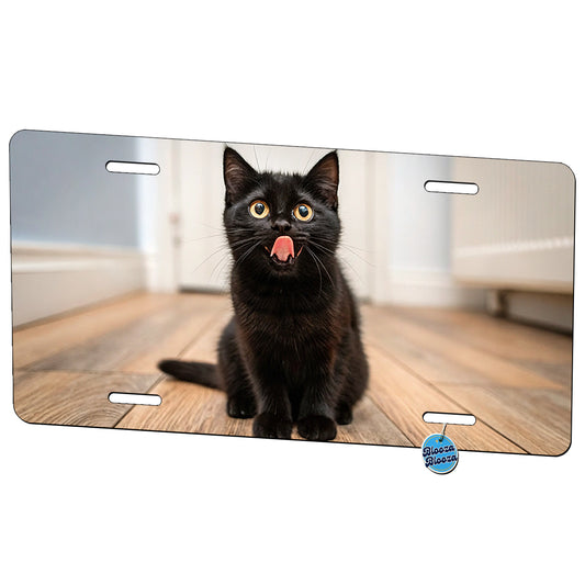 Funny Black Cat With Tongue Out Metal Vanity Novelty Tag License Plate for Trucks Cars SUVs