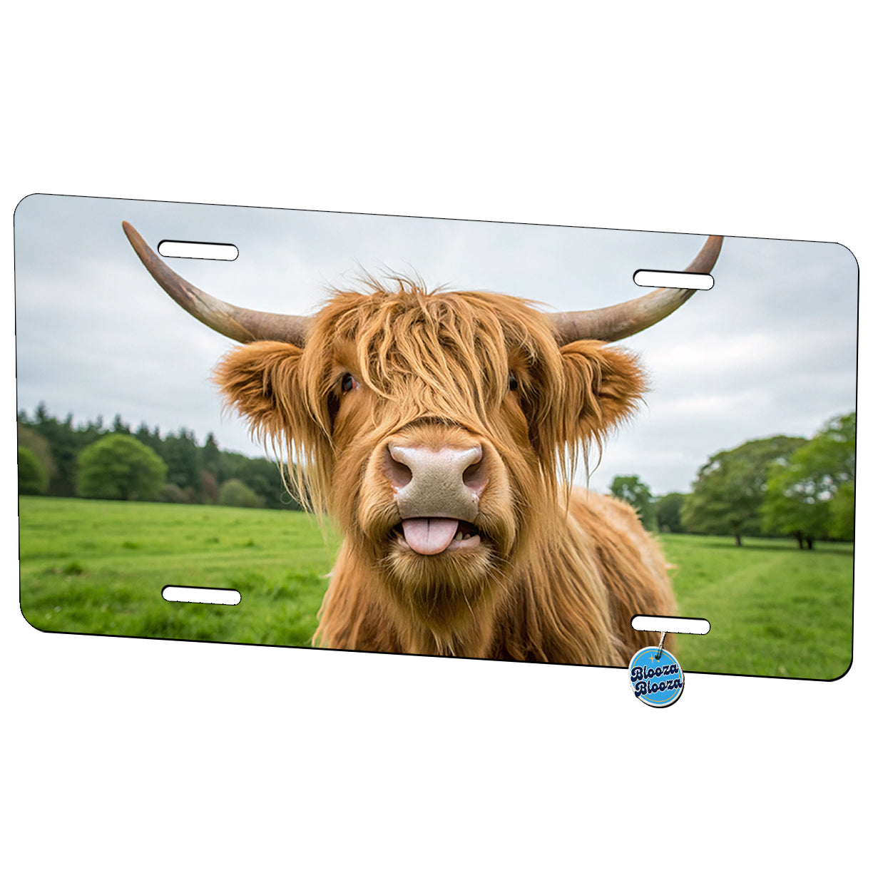 Funny Highland Cow With Tongue Out Metal Vanity Novelty Tag License Plate for Trucks Cars SUVs