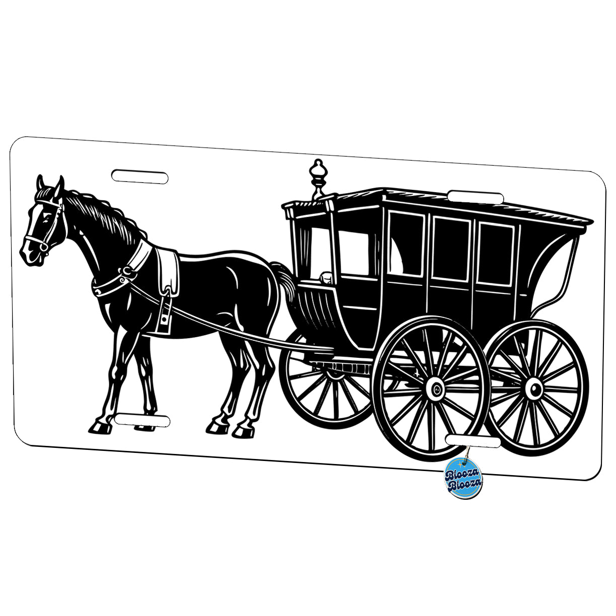 Horse Drawn Carriage Black White Metal Vanity Novelty Tag License Plate for Trucks Cars SUVs