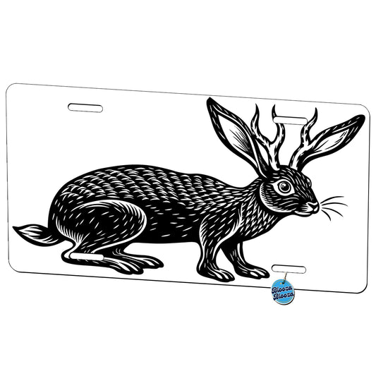 Jackalope Horned Rabbit Black White Metal Vanity Novelty Tag License Plate for Trucks Cars SUVs