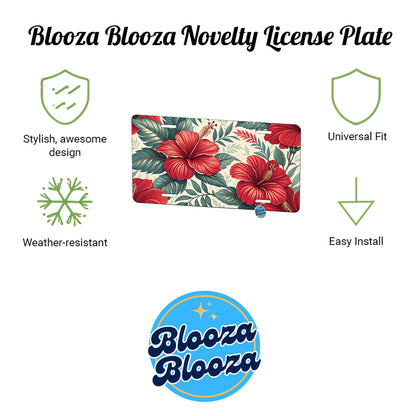Red Hibiscus Flowers Floral Tropical Pattern Metal Vanity Novelty Tag License Plate for Trucks Cars SUVs