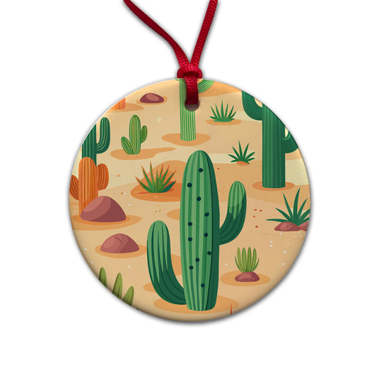 Cactus Cacti Desert Scattered Pattern Round Ceramic Holiday Christmas Tree Ornament
