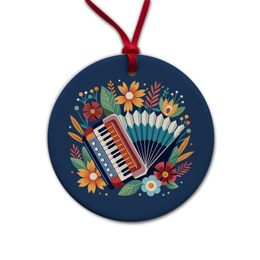 Accordion Music Floral Motif Round Ceramic Holiday Christmas Tree Ornament