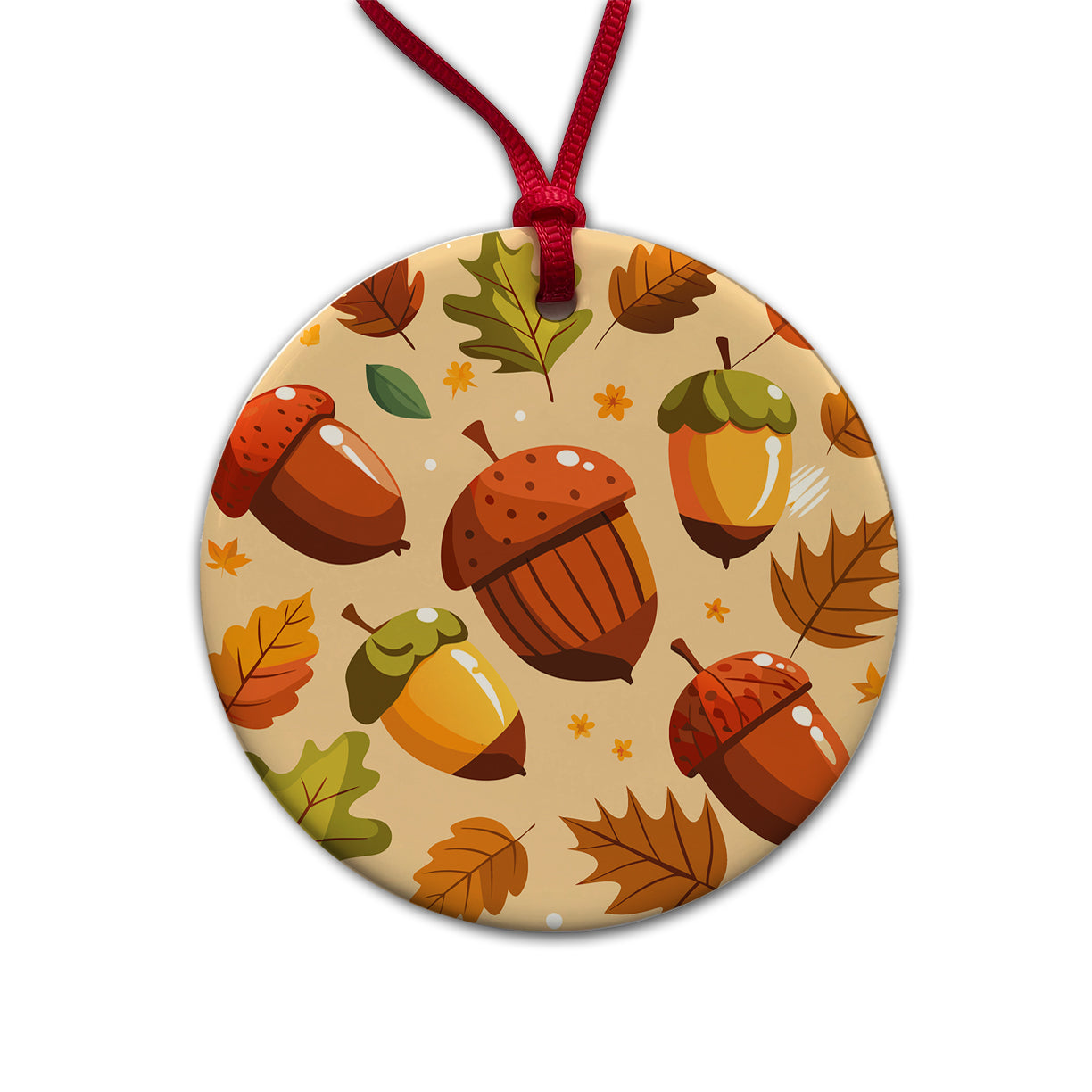 Acorns Scattered Fall Autumn Round Ceramic Holiday Christmas Tree Ornament