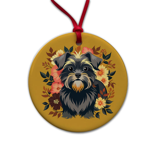 Affenpinscher Dog Floral Flowers Round Ceramic Holiday Christmas Tree Ornament