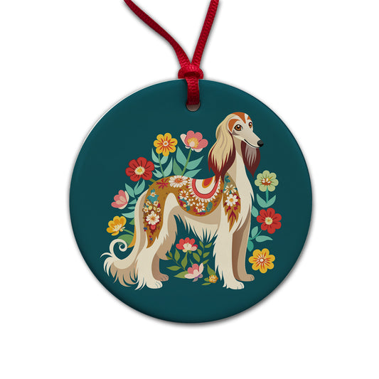 Afghan Hound Dog Floral Flowers Round Ceramic Holiday Christmas Tree Ornament