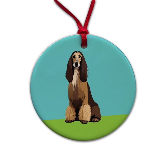 Afghan Hound Dog Sitting Round Ceramic Holiday Christmas Tree Ornament