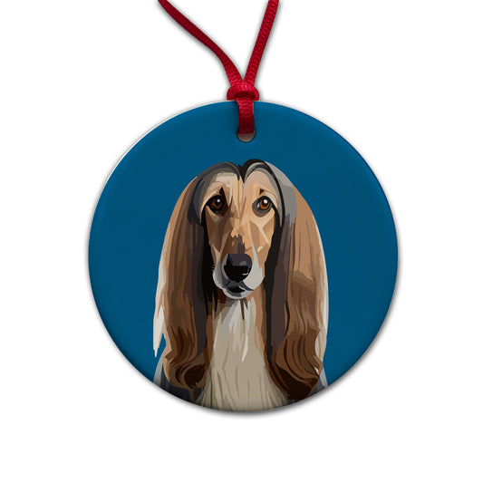Afghan Hound Dog Staring Round Ceramic Holiday Christmas Tree Ornament