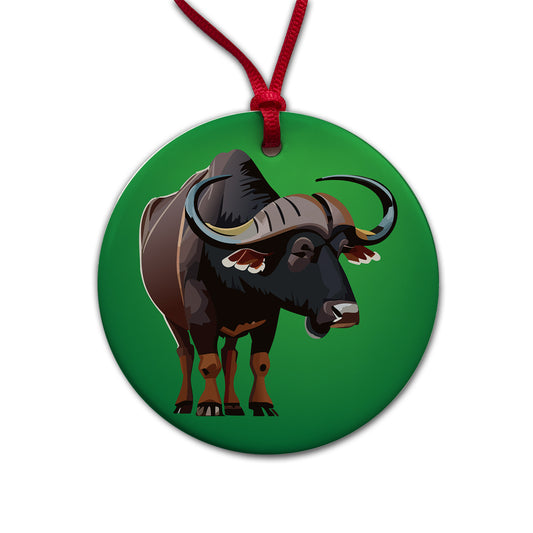 African Buffalo Standing Round Ceramic Holiday Christmas Tree Ornament