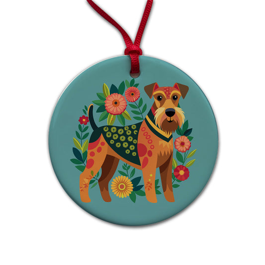 Airedale Terrier Dog Floral Flowers Round Ceramic Holiday Christmas Tree Ornament