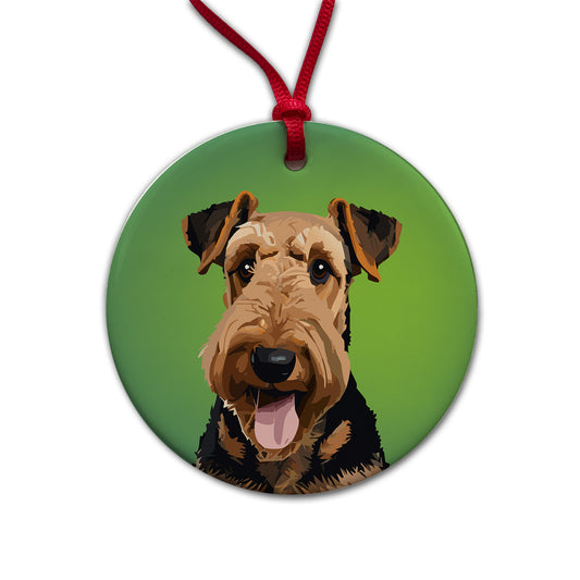 Airedale Terrier Dog Portrait Round Ceramic Holiday Christmas Tree Ornament