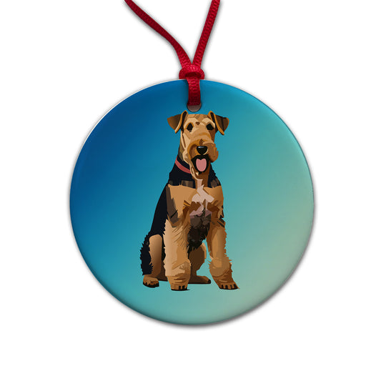 Airedale Terrier Dog Sitting Round Ceramic Holiday Christmas Tree Ornament