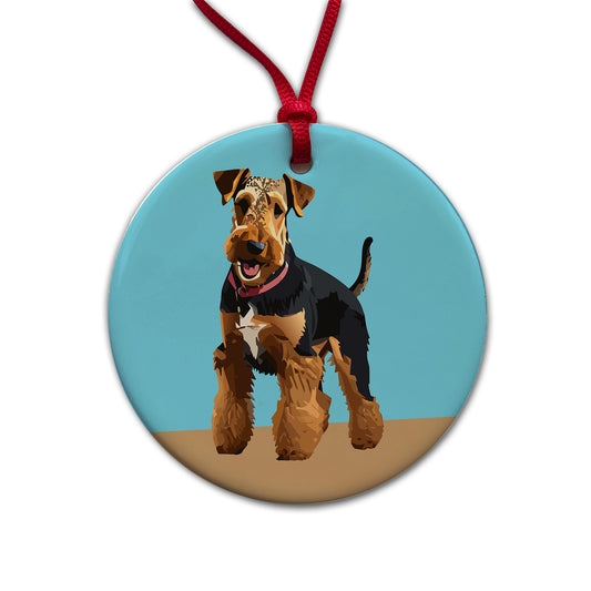 Airedale Terrier Dog Standing Round Ceramic Holiday Christmas Tree Ornament