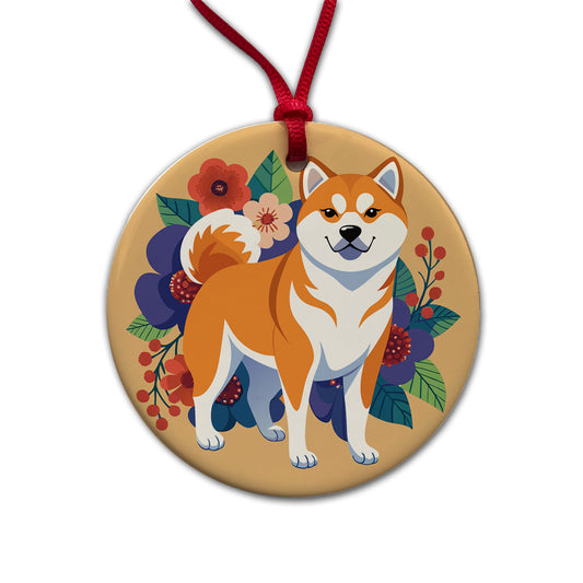 Akita Dog Floral Flowers Round Ceramic Holiday Christmas Tree Ornament