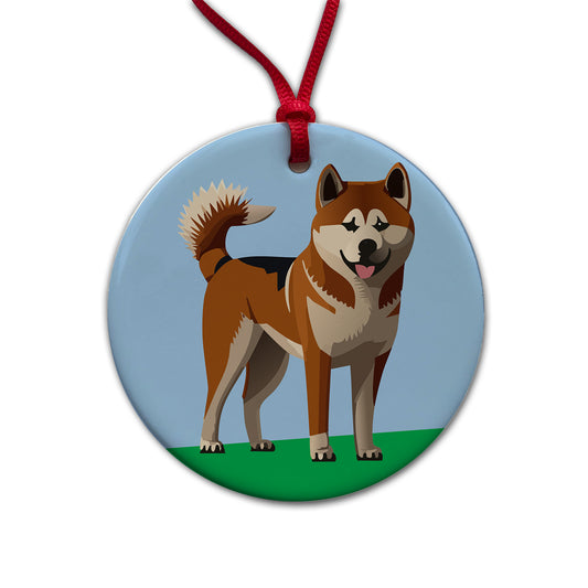 Akita Dog Standing Round Ceramic Holiday Christmas Tree Ornament