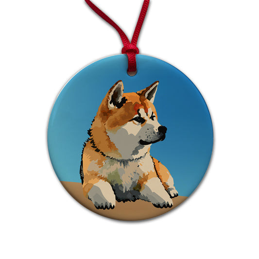 Akita Dog Watercolor Round Ceramic Holiday Christmas Tree Ornament