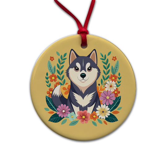 Alaskan Klee Kai Dog Floral Flowers Round Ceramic Holiday Christmas Tree Ornament
