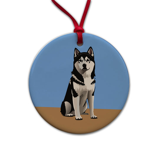 Alaskan Klee Kai Dog Sitting Round Ceramic Holiday Christmas Tree Ornament