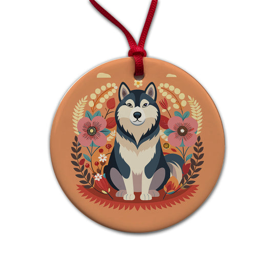 Alaskan Malamute Dog Floral Flowers Round Ceramic Holiday Christmas Tree Ornament