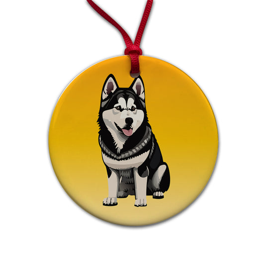 Alaskan Malamute Dog Sitting Round Ceramic Holiday Christmas Tree Ornament