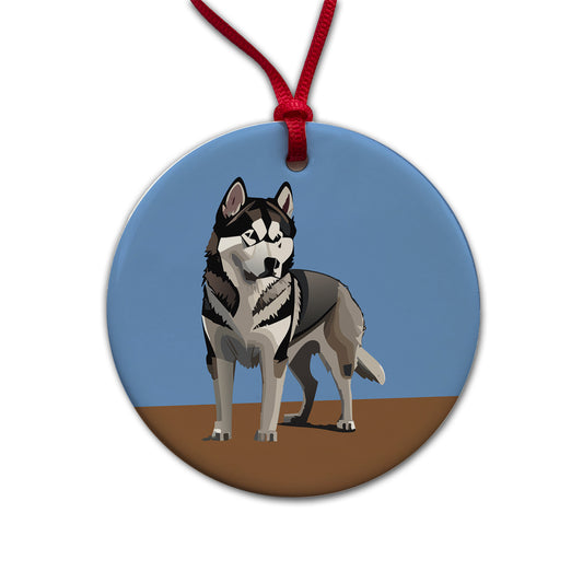 Alaskan Malamute Dog Standing Round Ceramic Holiday Christmas Tree Ornament