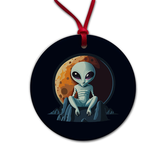 Alien Sitting Moon Planet Space Round Ceramic Holiday Christmas Tree Ornament
