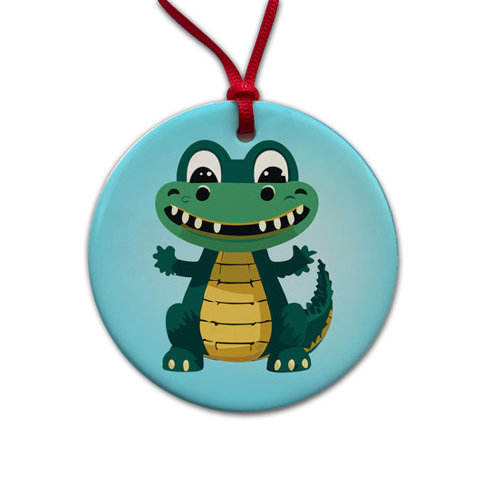 Alligator Crocodile Happy Round Ceramic Holiday Christmas Tree Ornament