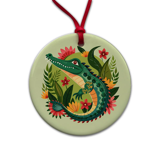 Alligator Floral Flowers Round Ceramic Holiday Christmas Tree Ornament