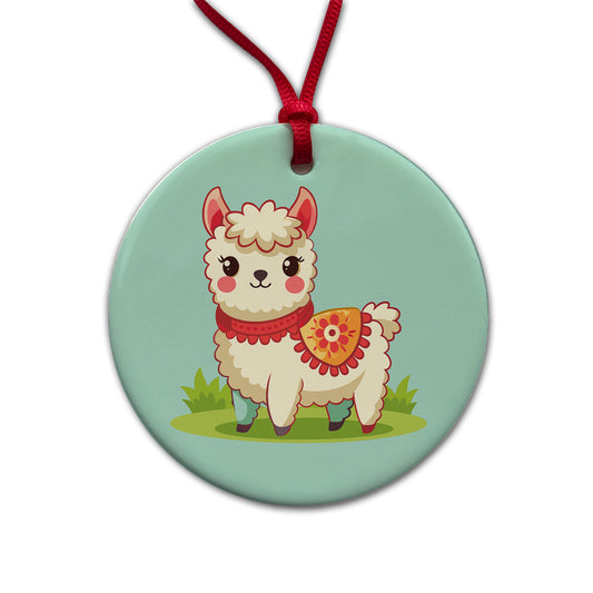 Alpaca Cute Round Ceramic Holiday Christmas Tree Ornament