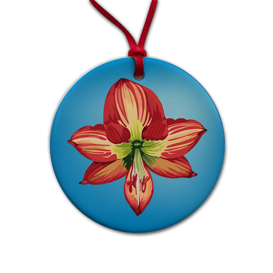 Amaryllis Flower Christmas Round Ceramic Holiday Christmas Tree Ornament