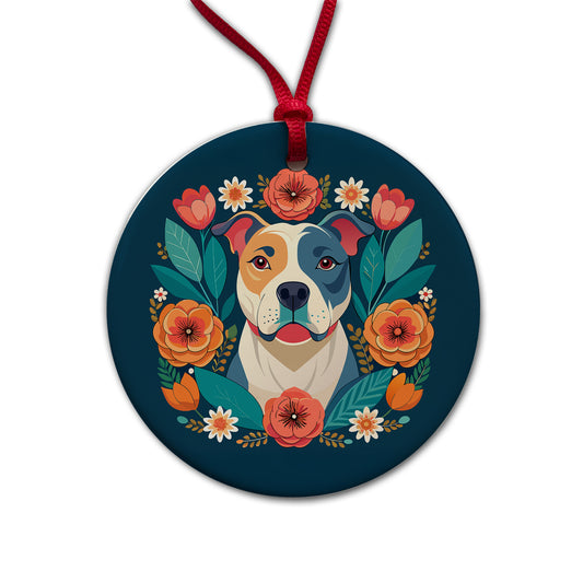 American Bulldog Dog Floral Flowers Round Ceramic Holiday Christmas Tree Ornament