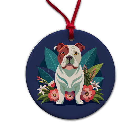 American Bulldog Floral Flowers Round Ceramic Holiday Christmas Tree Ornament