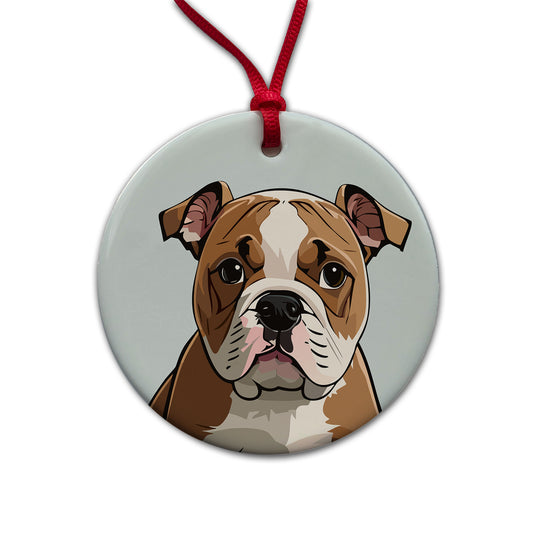 American Bulldog Staring Round Ceramic Holiday Christmas Tree Ornament