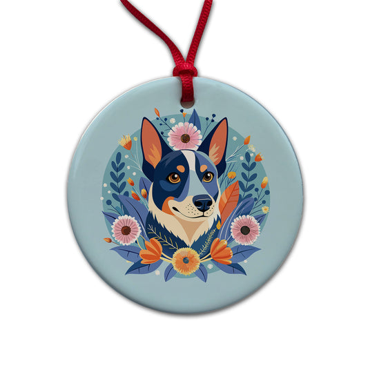 American Cattle Dog Floral Flowers Round Ceramic Holiday Christmas Tree Ornament