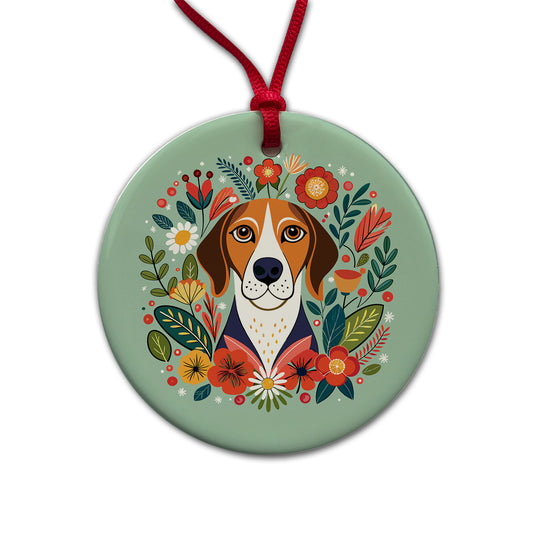 American English Coonhound Dog Floral Flowers Round Ceramic Holiday Christmas Tree Ornament